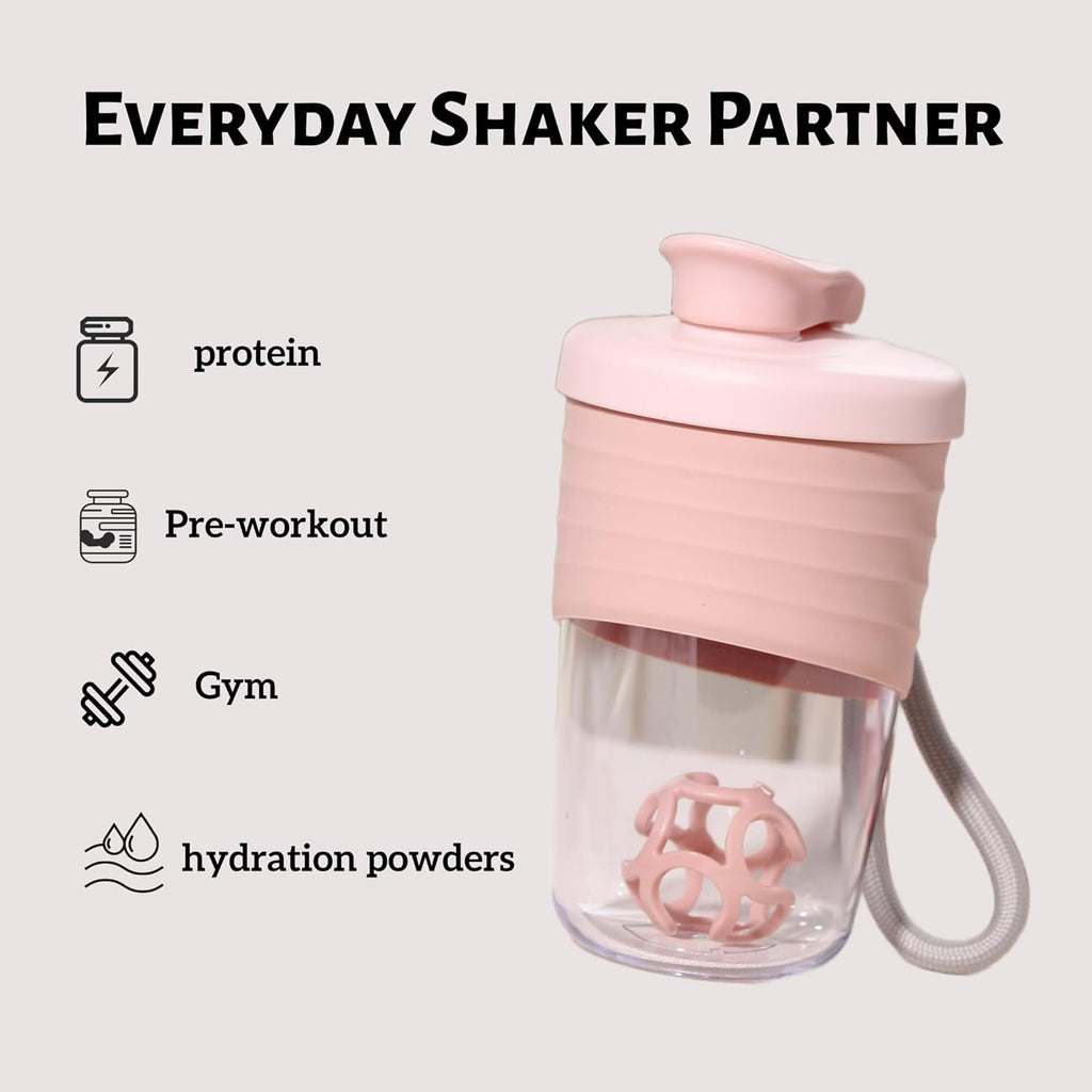 Protein Shaker Bottle, Pink, 14 oz Leak-Proof with Non-Slip Silicone Grip, Mixing Ball, Detachable Nylon Strap