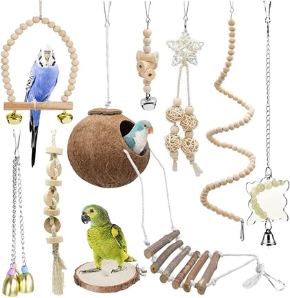 9-Piece Parakeet Toys & Budgie Toys, Bird Cage Accessories Set | Natural wood bird toys include coconut hideaway