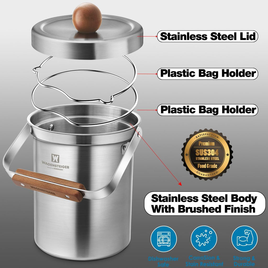Kitchen Countertop Compost Bin 101ounces / 3Liters with Airtight Lid, SUS304 Stainless Steel Odor-Free Food Waste Bin