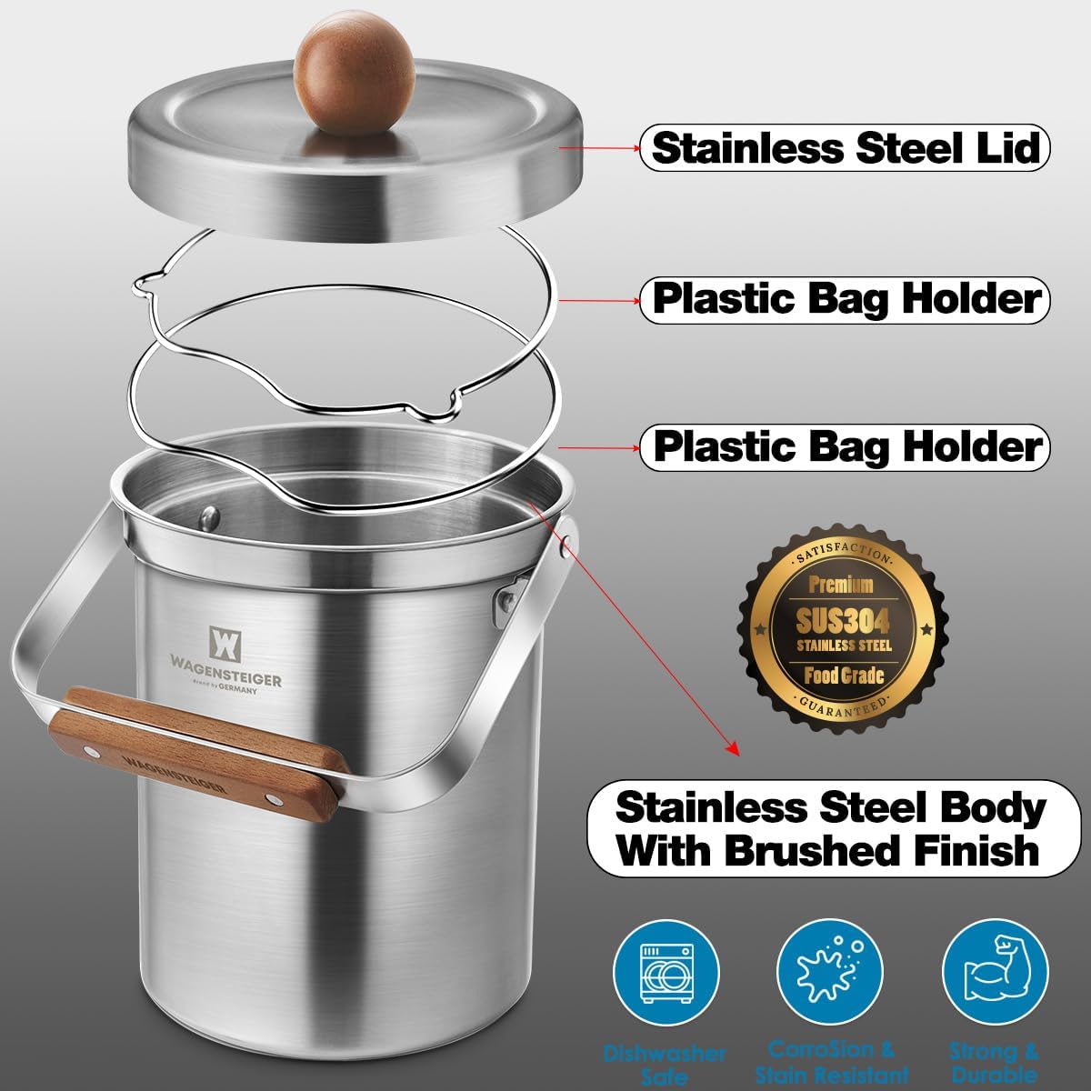 Kitchen Countertop Compost Bin 101ounces / 3Liters with Airtight Lid, SUS304 Stainless Steel Odor-Free Food Waste Bin