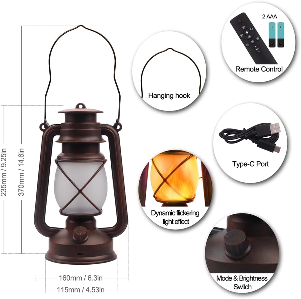 USB Rechargeable Lanterns 2 Pack with Remote Control 4 Modes Lights | Vintage Hanging Lanterns Outdoor Waterproof LED