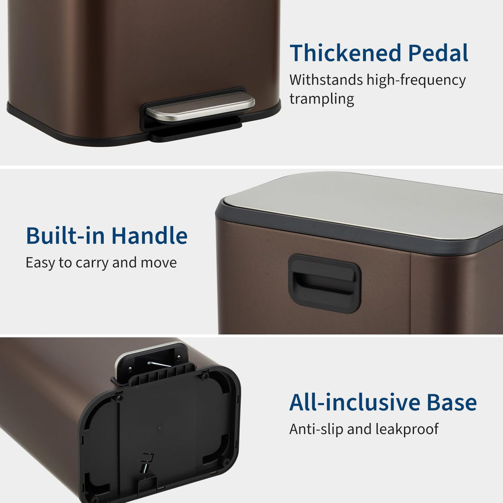 Brown Kitchen Trash Can, 5.3 Gal Stainless Steel Garbage Can