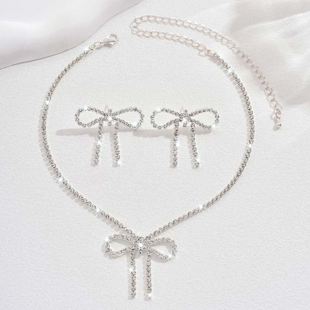 Silver Jewelry Sets Rhinestone Bow Necklace Earrings Set Prom Fashion Costume Jewelry Sets for Women