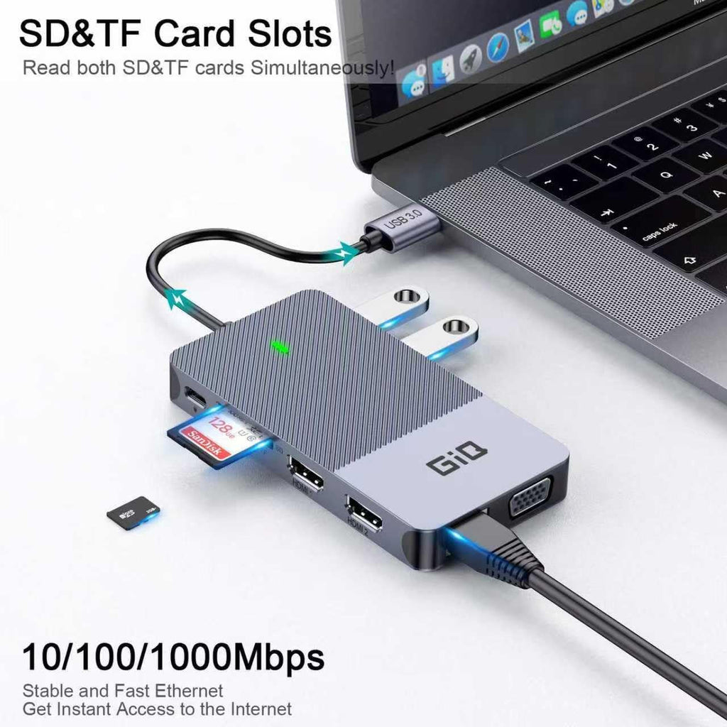 USB Docking Station GIQ USB C HUB USB 3.0 to Dual HDMI VGA Adapter Triple Display USB C Laptop Docking Station Dual