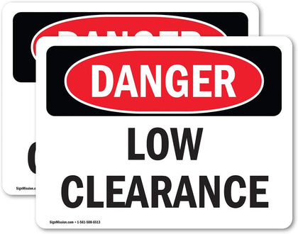 (2 Pack) Low Clearance OSHA Danger Sign 7 Inch X 5 Inch Vinyl Label Decal Sticker Weather Resistant, UV Protected for