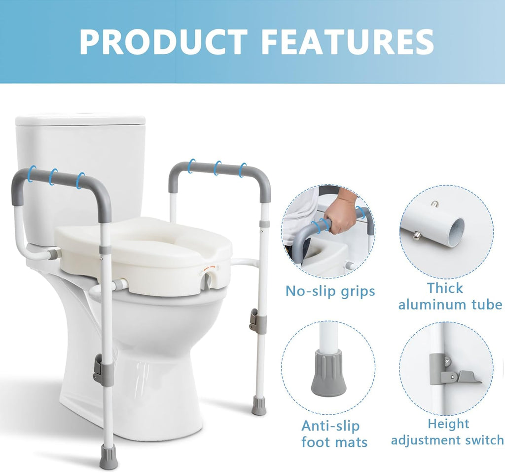 Raised Toilet Seat with Handles for Elderly - Toilet Seat Risers for Seniors with Adjustable Padded Arms - Elevated