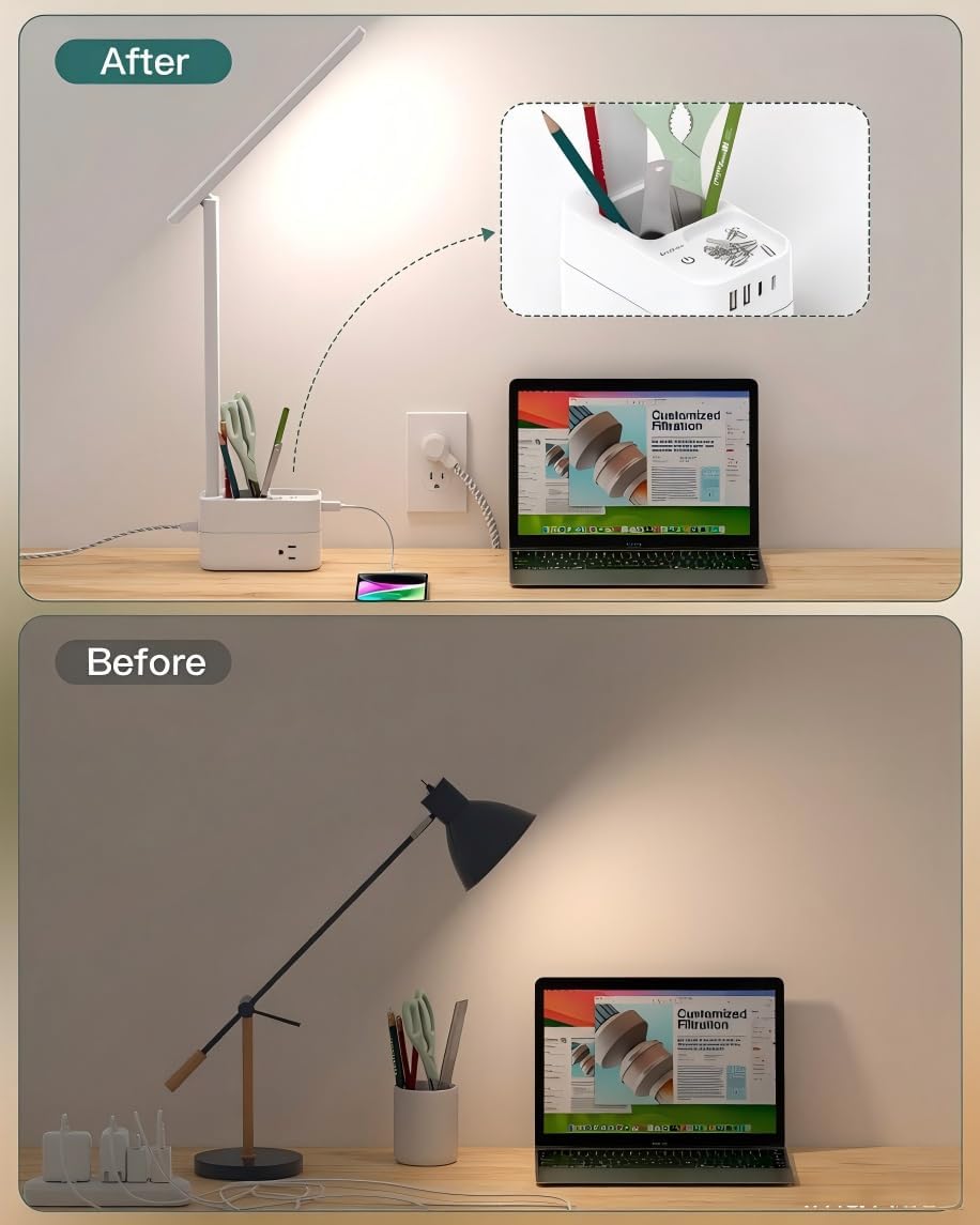 Desk Lamp with Pen Holder, LED Desk Lamps for Home Office, Power Strip with 3 Outlets 4 USB Charging Ports(2 USBC), 3