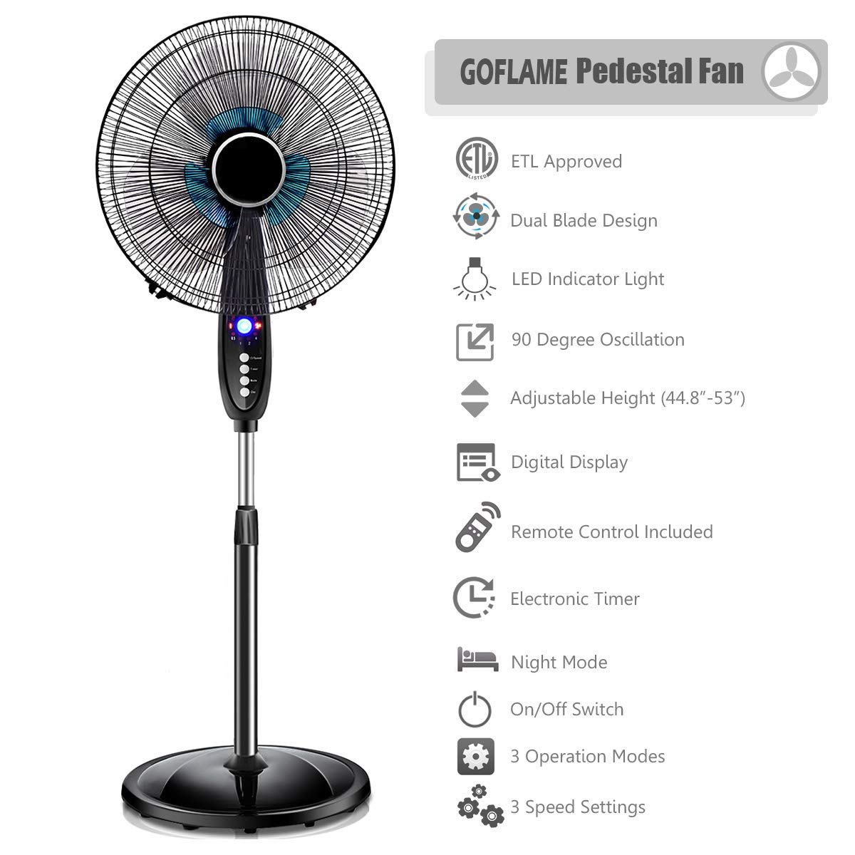 16" Dual Blade Pedestal Fan, Oscillating Stand Fan Height Adjustable with Remote Control, 3 Speed Settings, Timer