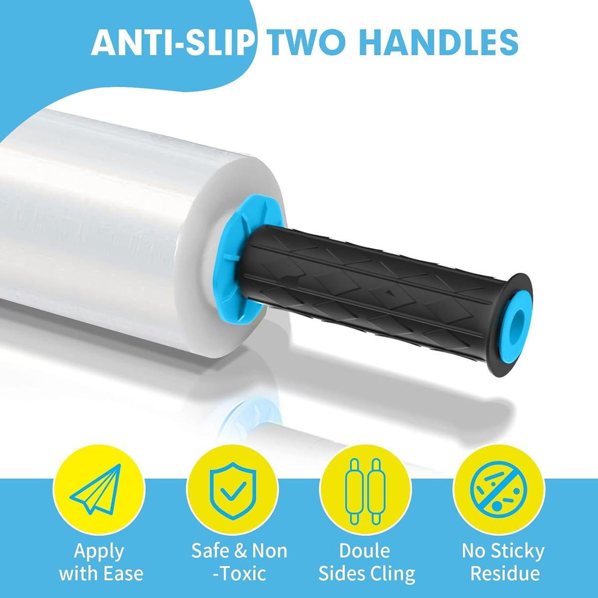 4 Pack Stretch Film with 2 Handles, 15" x 1200Ft Per Roll, 60 Gauge