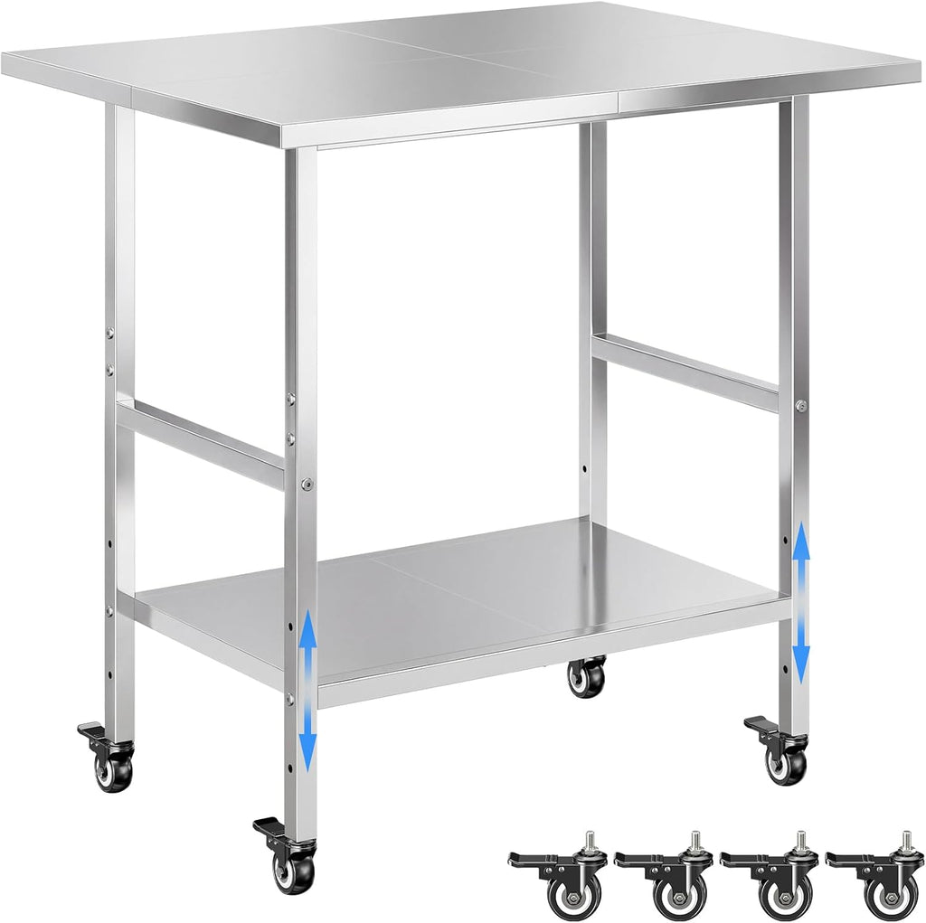 NSF Stainless Steel Prep Table with Wheels, Commercial Worktable with 4 Casters & Brakes & Adjustable Undershelf