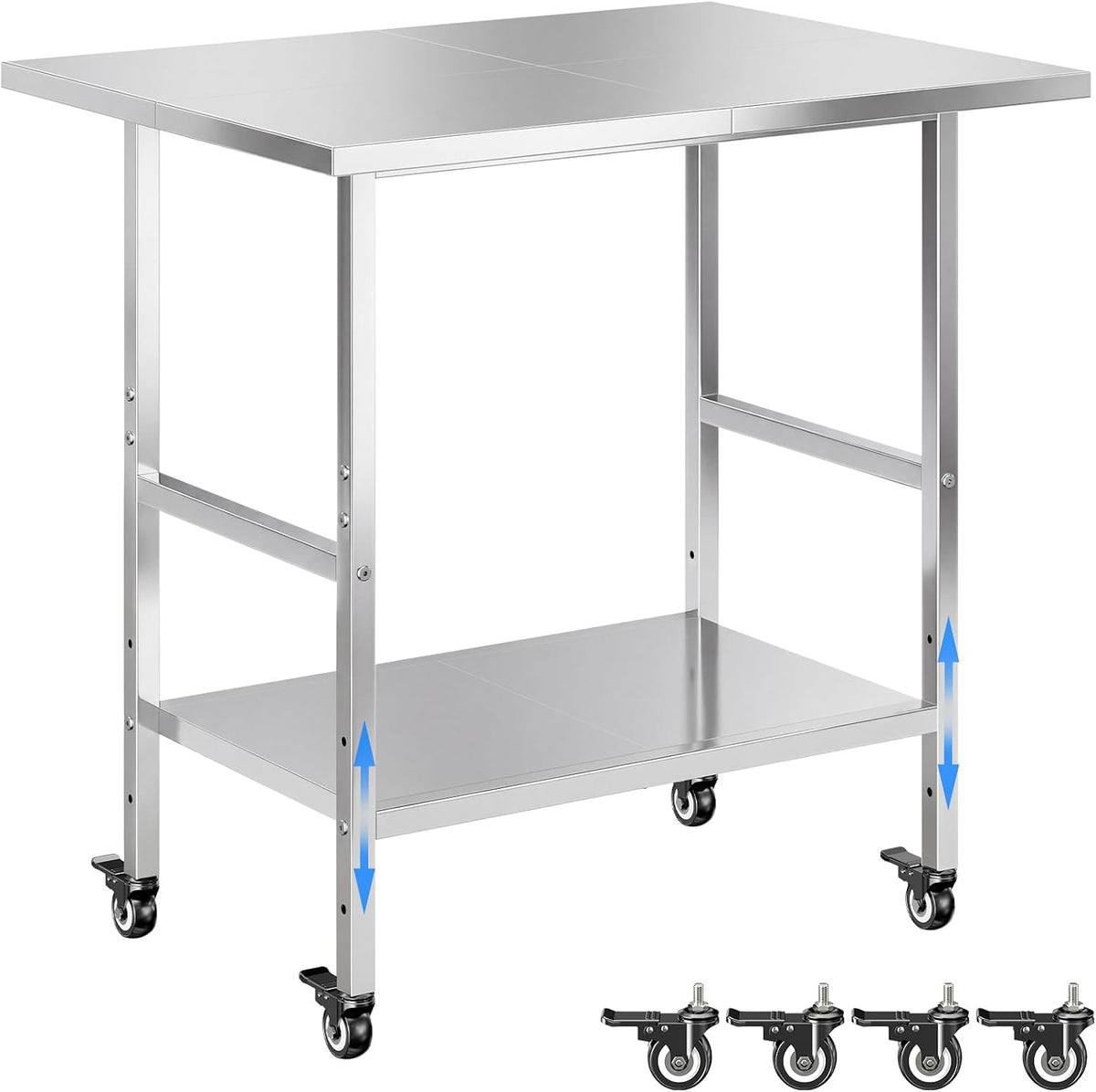 NSF Stainless Steel Prep Table with Wheels, Commercial Worktable with 4 Casters & Brakes & Adjustable Undershelf