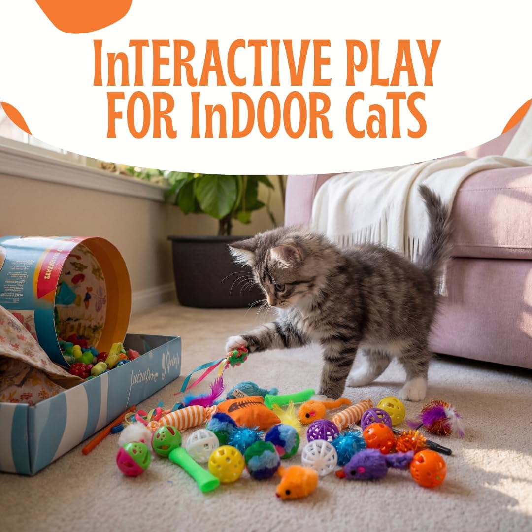 60 Interactive Cat Toys for Indoor Cats & Kittens – Crinkle Balls, Sparkle Pom Pom Balls, Spiral Springs, Cat Mice