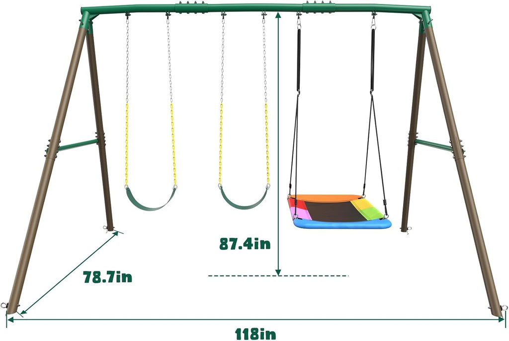 7.3ft Tall Heavy Duty Swing Set, 3 Swings Metal Swing Sets for Backyard, Big Kids Playset for Playground Outdoor
