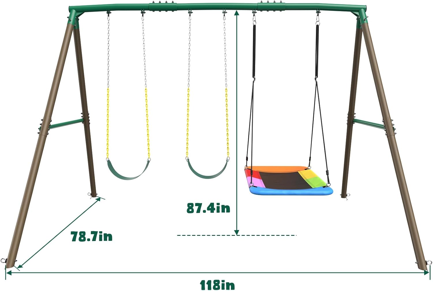 7.3ft Tall Heavy Duty Swing Set, 3 Swings Metal Swing Sets for Backyard, Big Kids Playset for Playground Outdoor