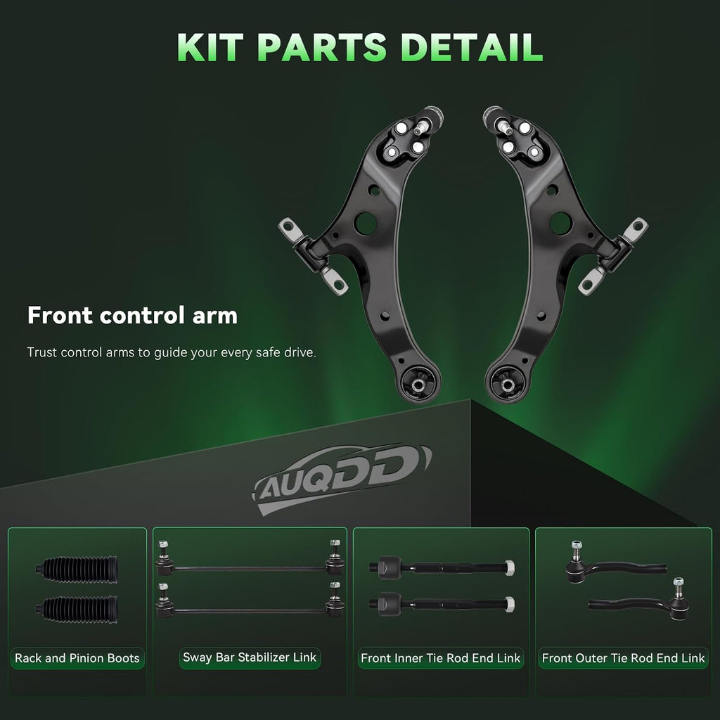AUQDD 10Pcs Front End Kit Fit For 2012-2017 To-yota Camry, 2013-2018 Avalon, 2 Lower Control Arm w/Ball Joint 2 Sway Bar Link 4 Outer Inner Tie Rod End (# K621476 K621477 K750123 EV801497 ES800930)