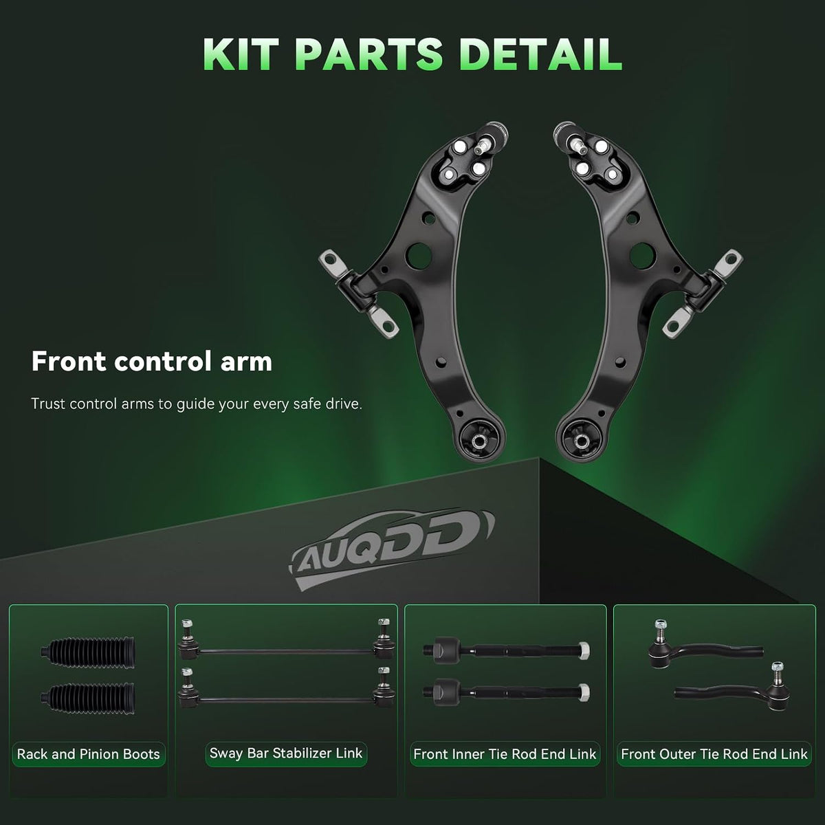 AUQDD 10Pcs Front End Kit Fit For 2012-2017 To-yota Camry, 2013-2018 Avalon, 2 Lower Control Arm w/Ball Joint 2 Sway Bar Link 4 Outer Inner Tie Rod End (# K621476 K621477 K750123 EV801497 ES800930)