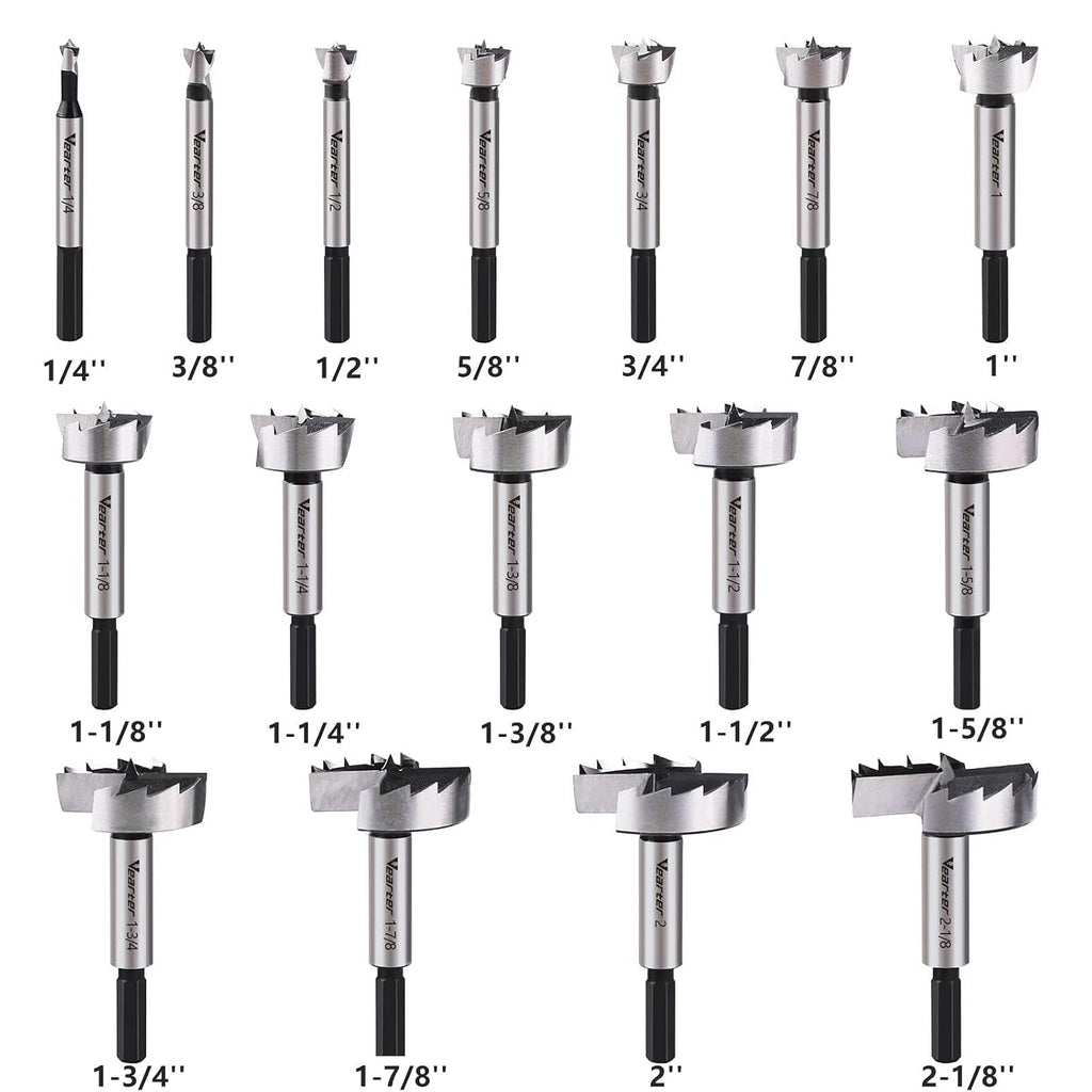 1/4''-2-1/8'' 16PCS HCS Forstner Drill Bit Set for Wood, Hex Shank | Multi-Tooth Forstner Bits for Woodworking, Wood