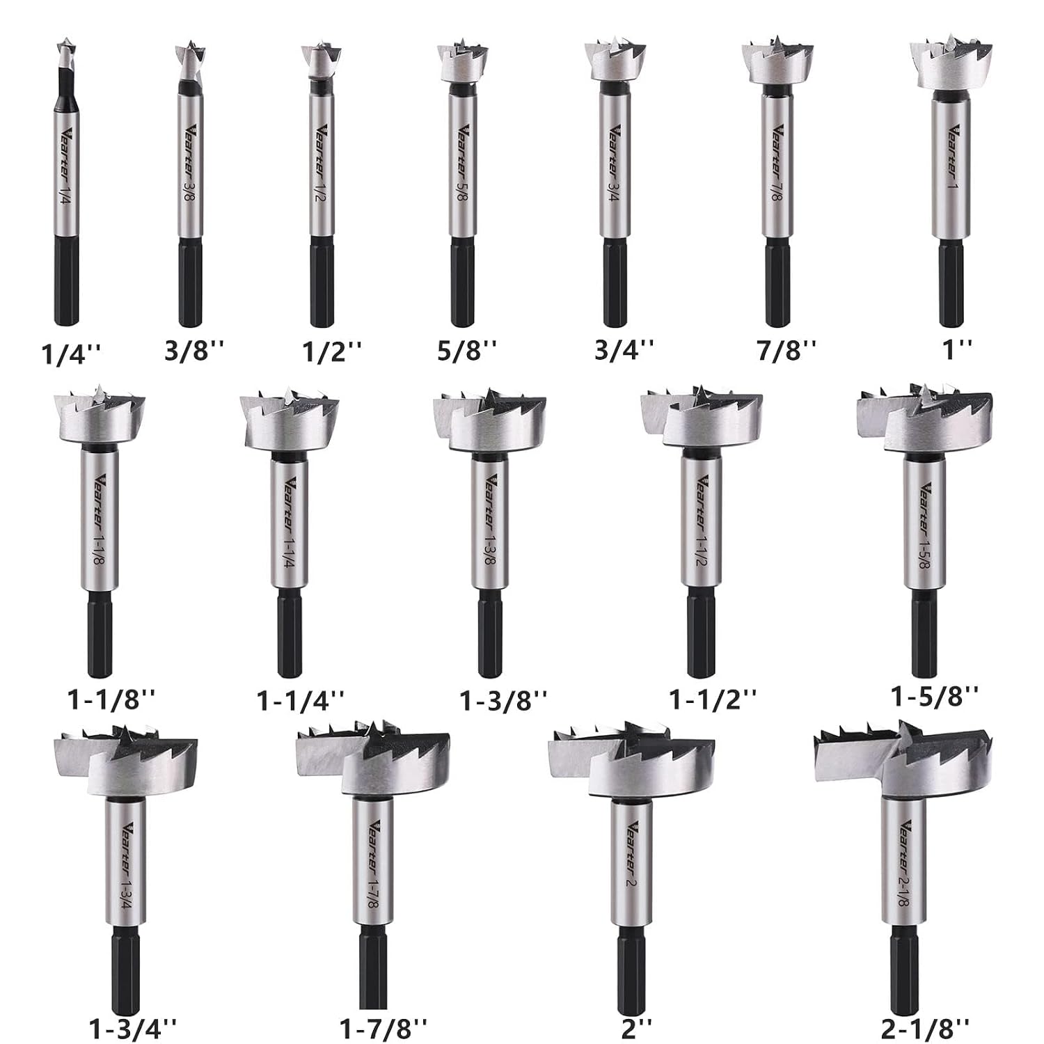 1/4''-2-1/8'' 16PCS HCS Forstner Drill Bit Set for Wood, Hex Shank | Multi-Tooth Forstner Bits for Woodworking, Wood
