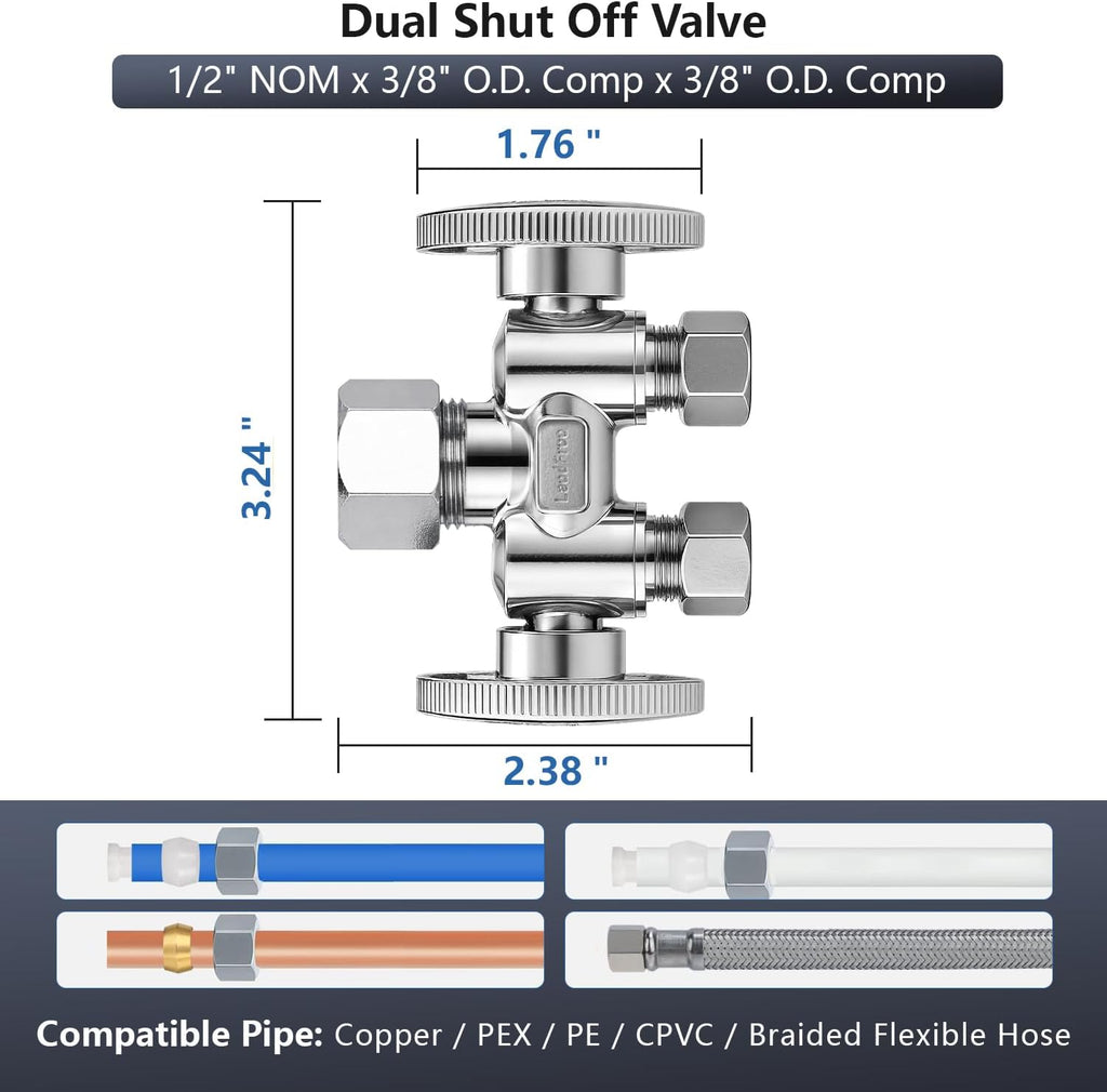 1/2" NOM (5/8" OD) x 3/8" OD x 3/8" OD Dual Shut Off Valve | Chrome Plated Brass 1/4 Turn Double Straight Stop for