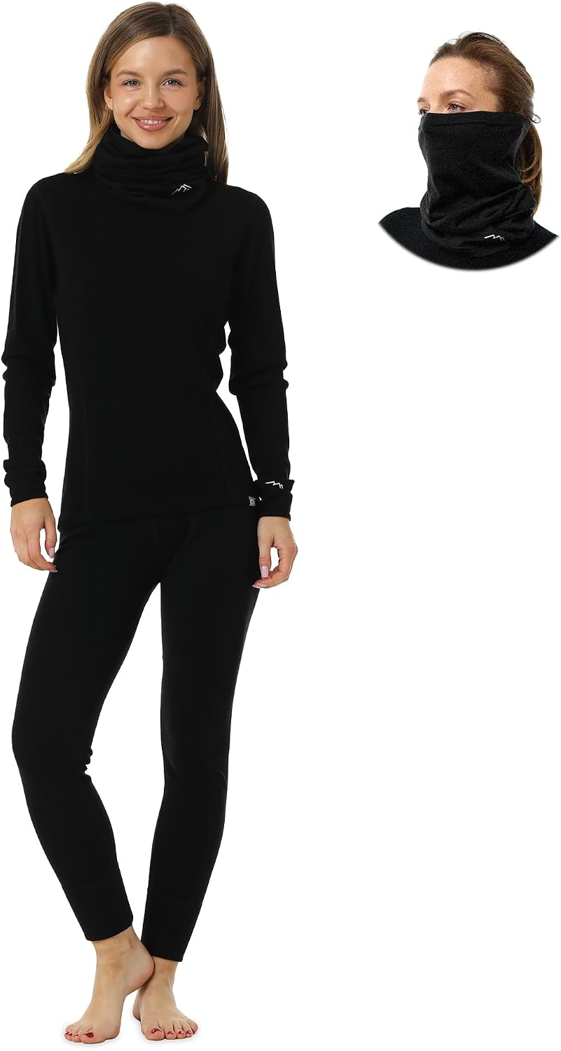 100% Merino Wool Base Layer Women - Thermal Underwear Set with Neck Gaiter | Midweight, Breathable Merino Wool Long
