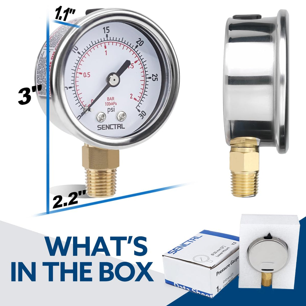 SENCTRL 0-30 Psi Low Pressure Gauge, 1/4 NPT Lower Mount