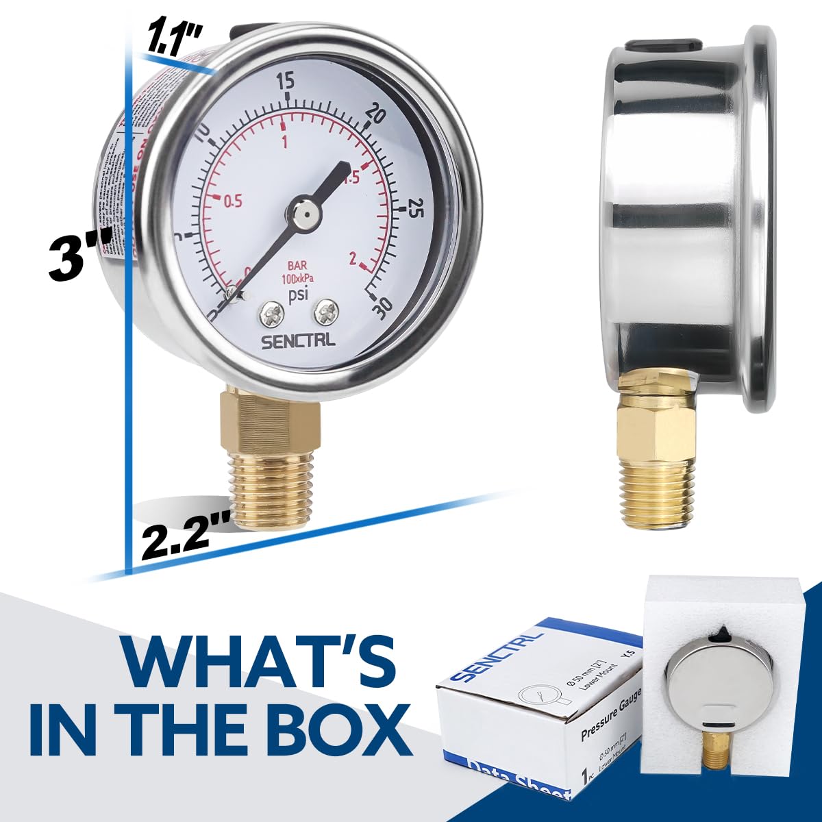 SENCTRL 0-30 Psi Low Pressure Gauge, 1/4 NPT Lower Mount