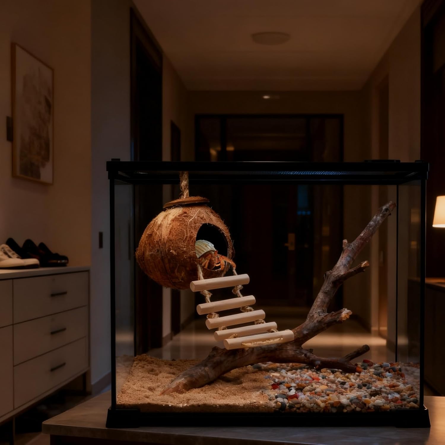 Gecko Tank Accessories Natural Coconut Shell Hut with Climbing Ladder & Suction Cup Hermit Crab Toys Reptile Hideout