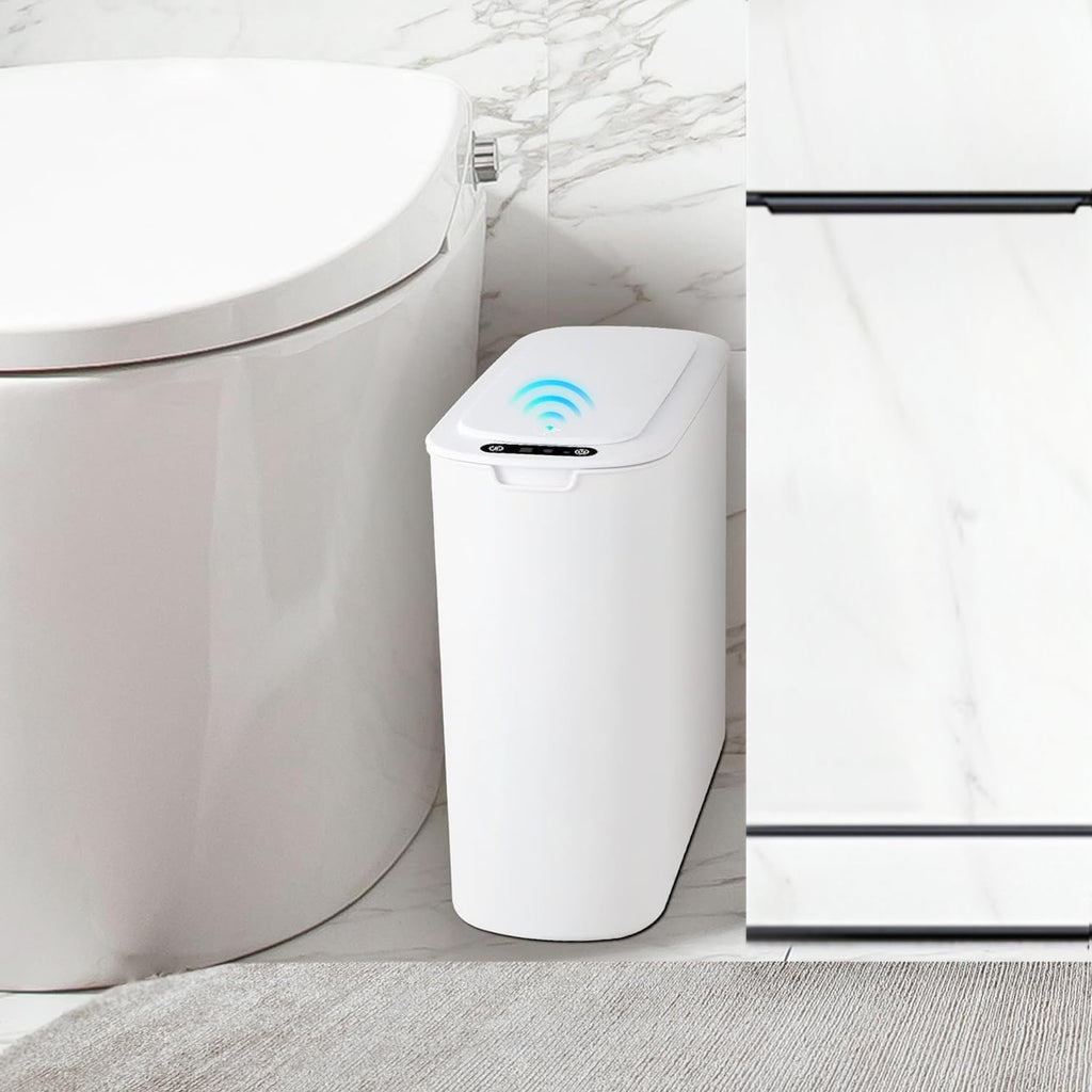 Automatic Small Bathroom Trash Can with Lid, 2.6 Gallon, White