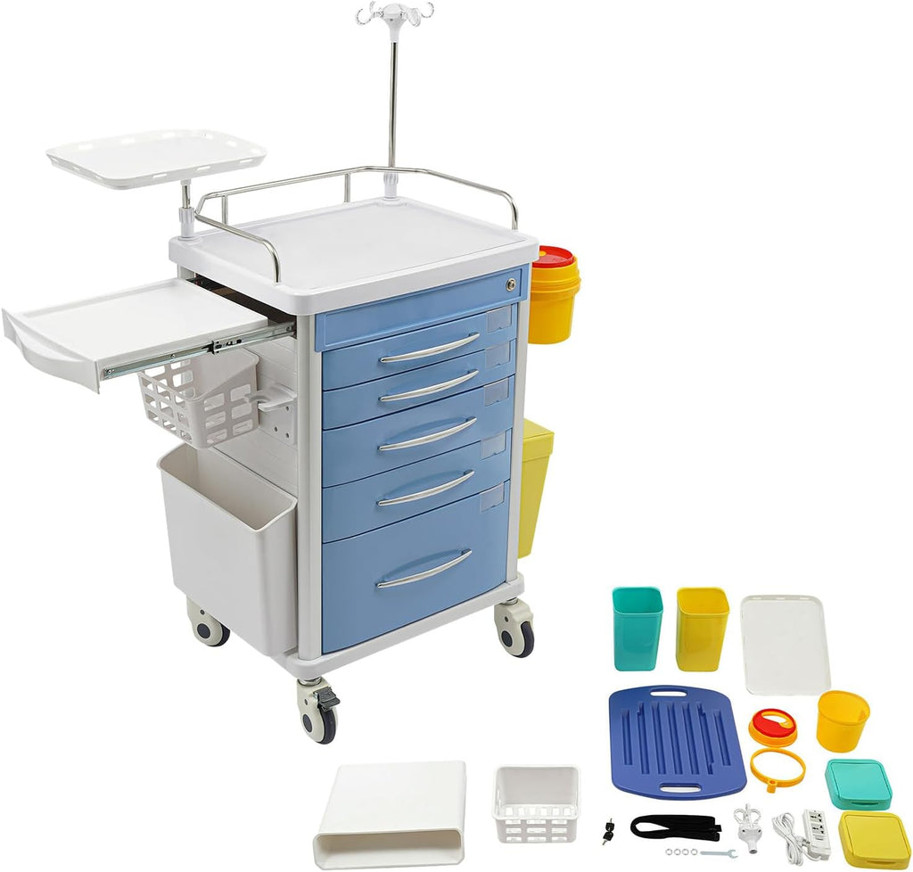 Medical Rolling Storage Crash Cart with Wheels & 5 Drawers, Hospital Mobile Ultrasound Med Cart with Power Strip