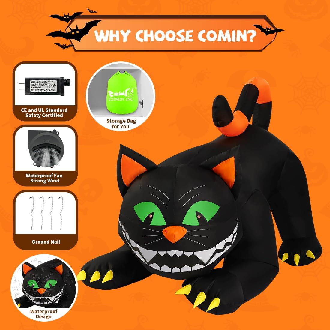6 FT Halloween Inflatables Black Cat Outdoor Decorations Blow Up Yard Large Cat with Moving Head and Built-in LEDs