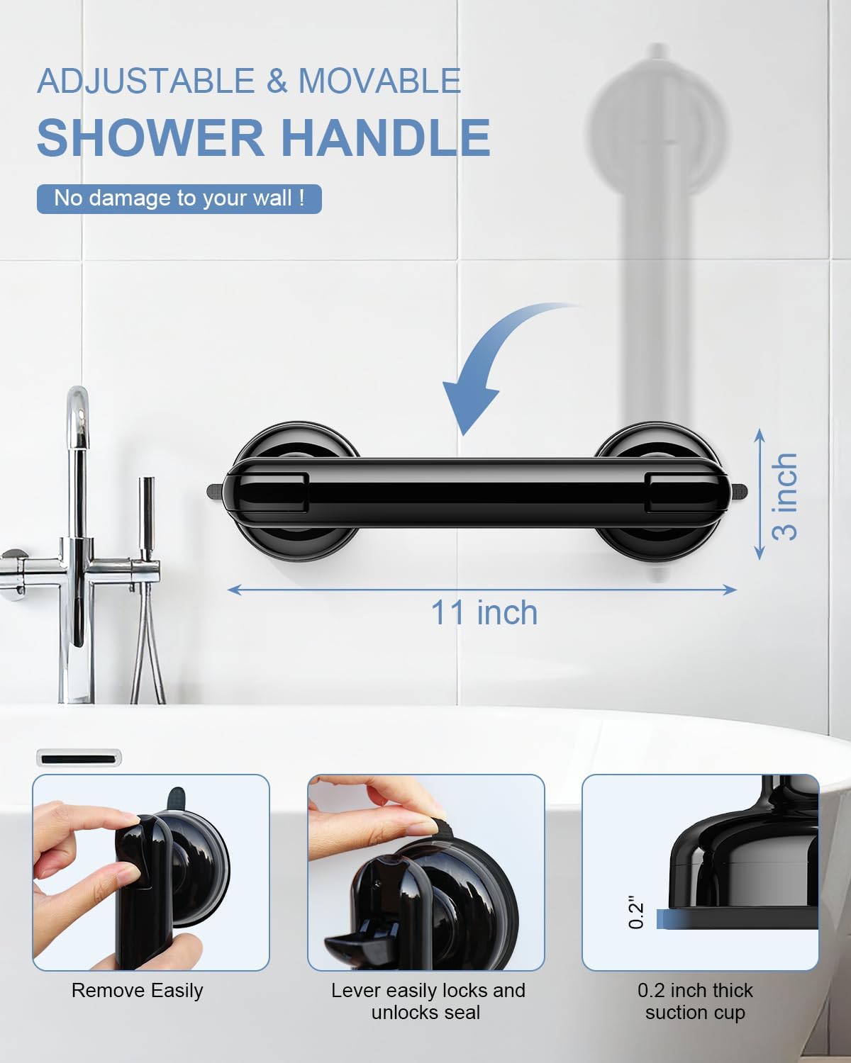2 Pack Grab Bars for Bathtubs and Showers, No Drilling & Removable Shower Grab Bar Easy to Install, Heavy Duty