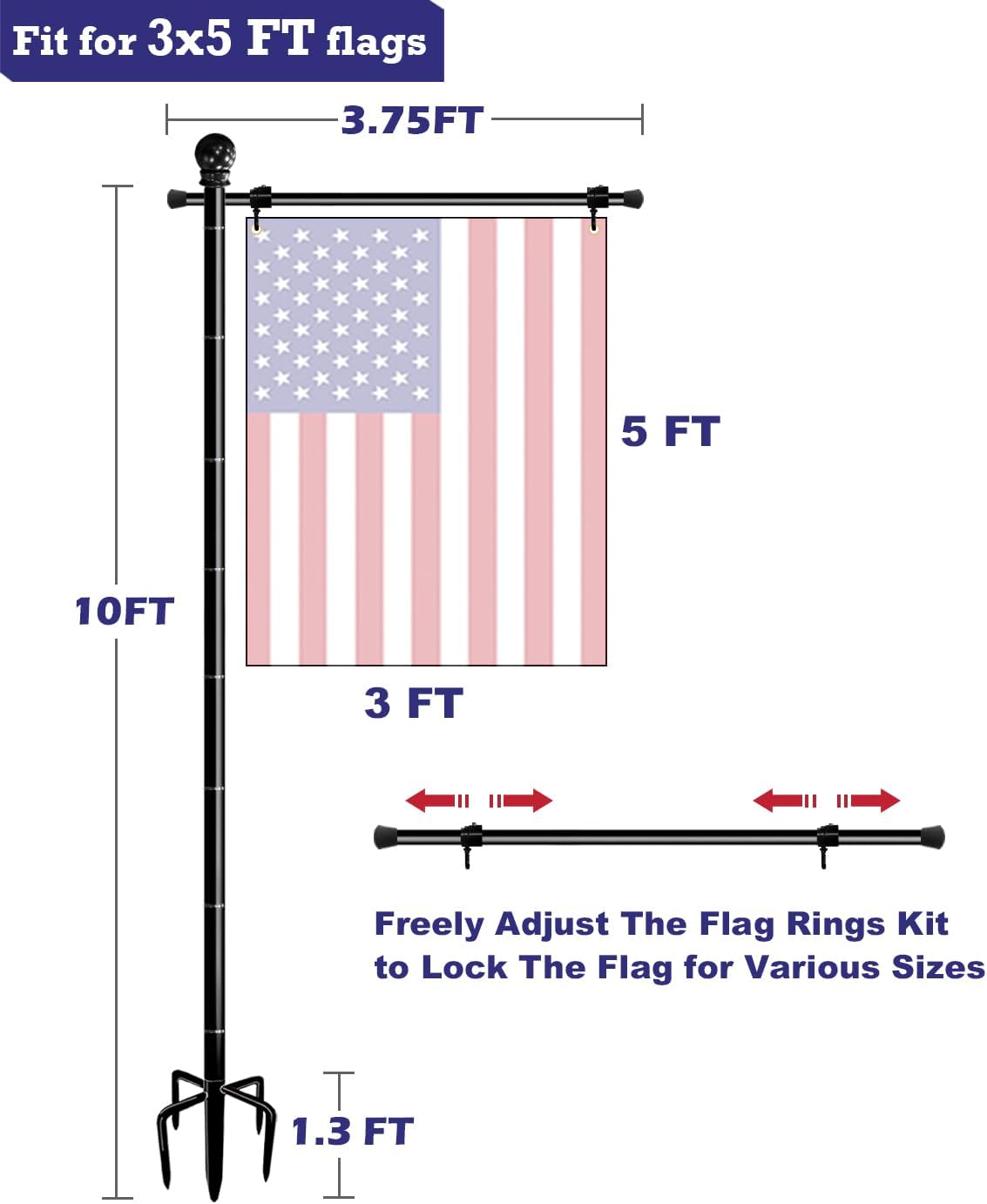 10FT Garden Flag Stand Pole for 3x5 Feet American Flags, Adjustable Flagpole with 5 Spikes Base for Outdoor Yard