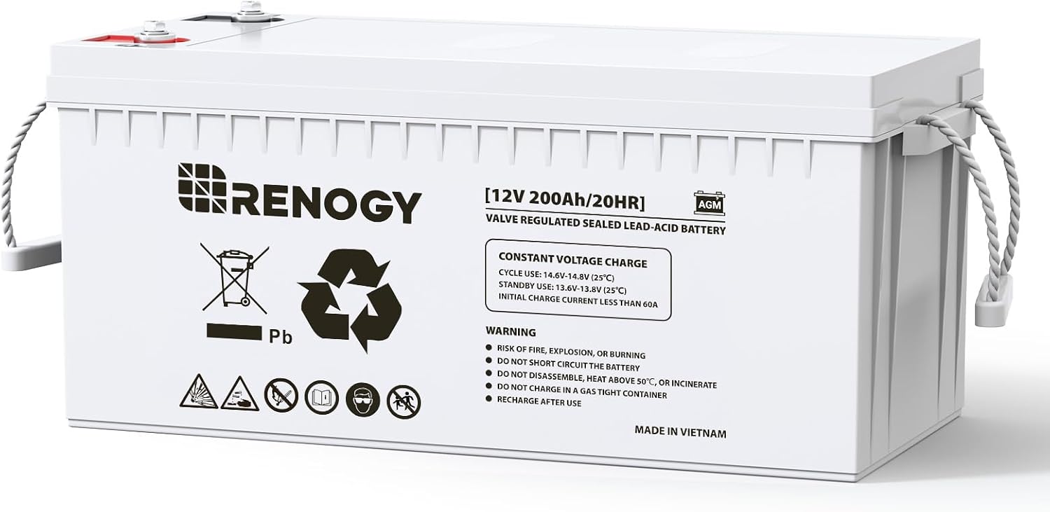 12 Volt 200Ah Deep Cycle AGM Battery, Lead Acid Solar Battery | 3% Self-Discharge Rate, 2000A Max Discharge Current