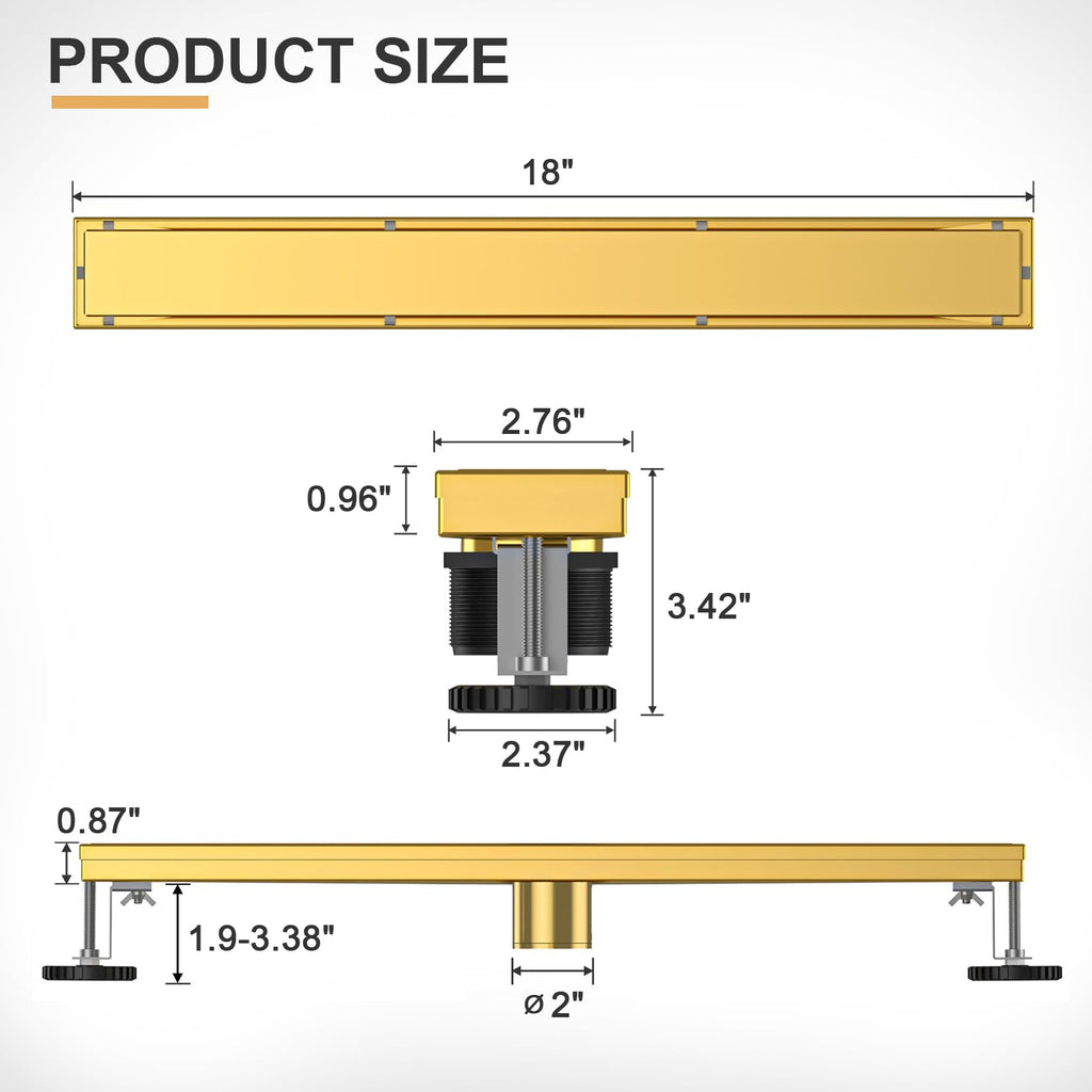 18 Inch Linear Shower Drain, with Tile Insert Grate (Brushed Gold)