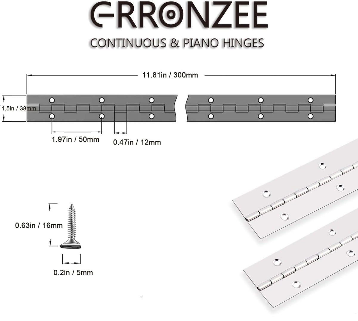 2PCS Piano Hinge 12 Inch Long x 1.5 Inch Open Width