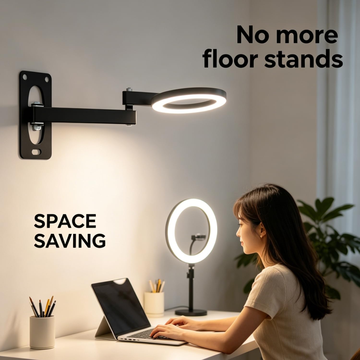 Wall Mount Boom Arm Stand for Ring Light, Studio Lighting, Microphone,Foldable Space-Saving Design, 180° Swivel
