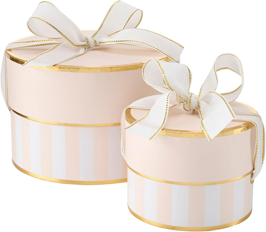 Gift Wrap Co. Nested Gift Box 2-Piece Set Round Designer Boxes with Lids, Large and Small, Pink Stripes