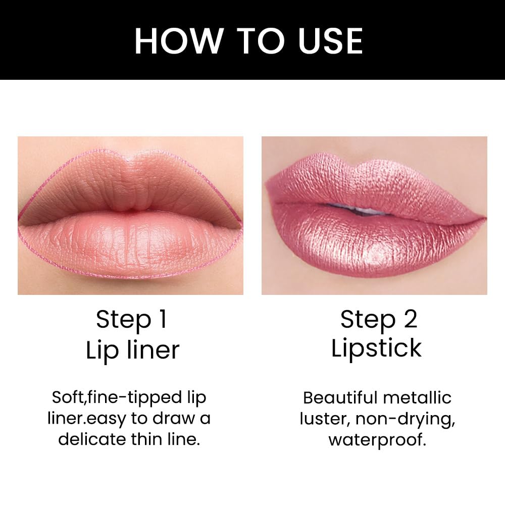 3Pcs Light Pink Nude Brown Metallic Shine Shimmer Lip Liner and Lipstick Combo Set Kit for Women, Lightweight