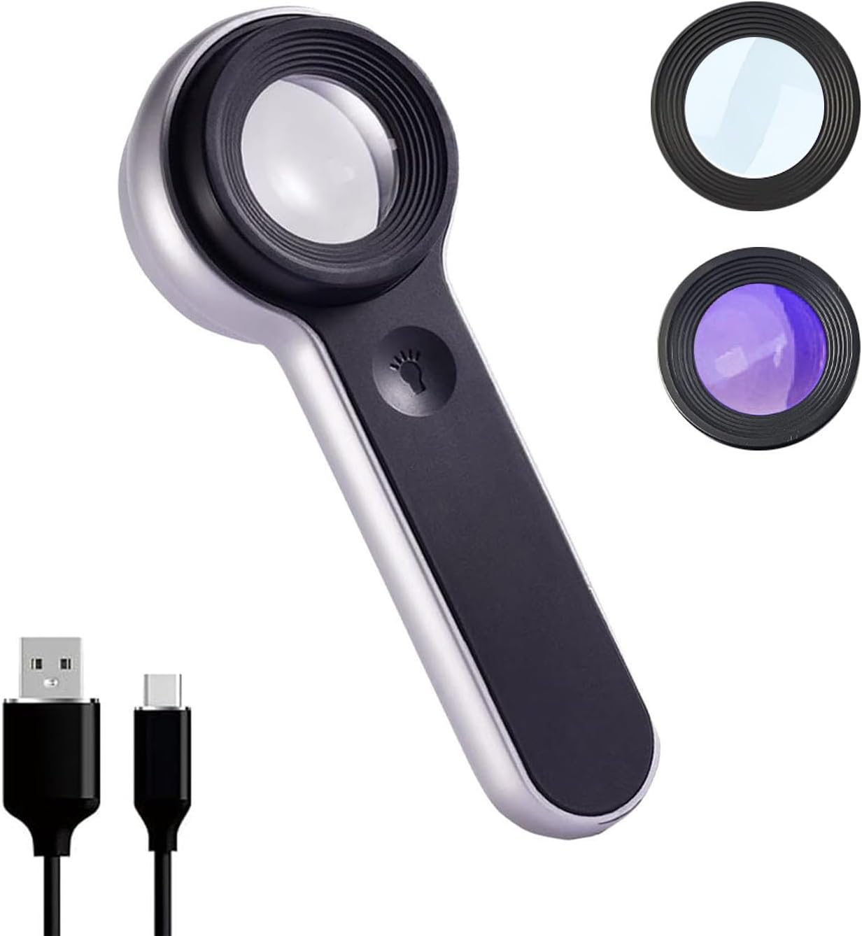 Handheld Magnifier Loupe 60x with UV and LED Lights, USB Rechargeable Illuminated Jewelers Loupe Optical Glass