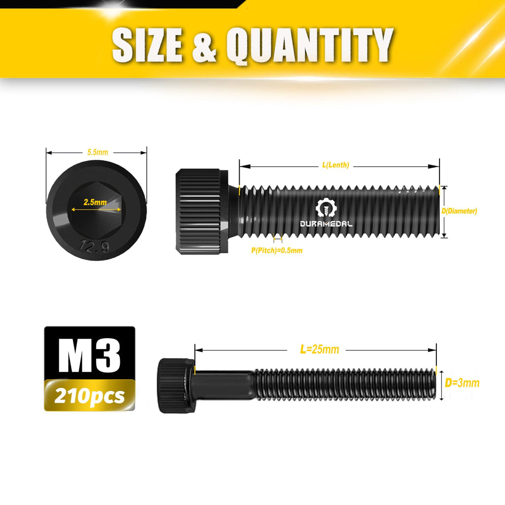 M3x25mm Screws 210pcs Hex Socket Cap 12.9 Steel Black Zinc Half Thread