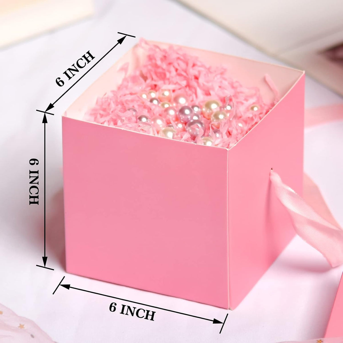 Gift Box with Lid & Ribbon for present, 12pcs, Pink, 6"×6"×6"