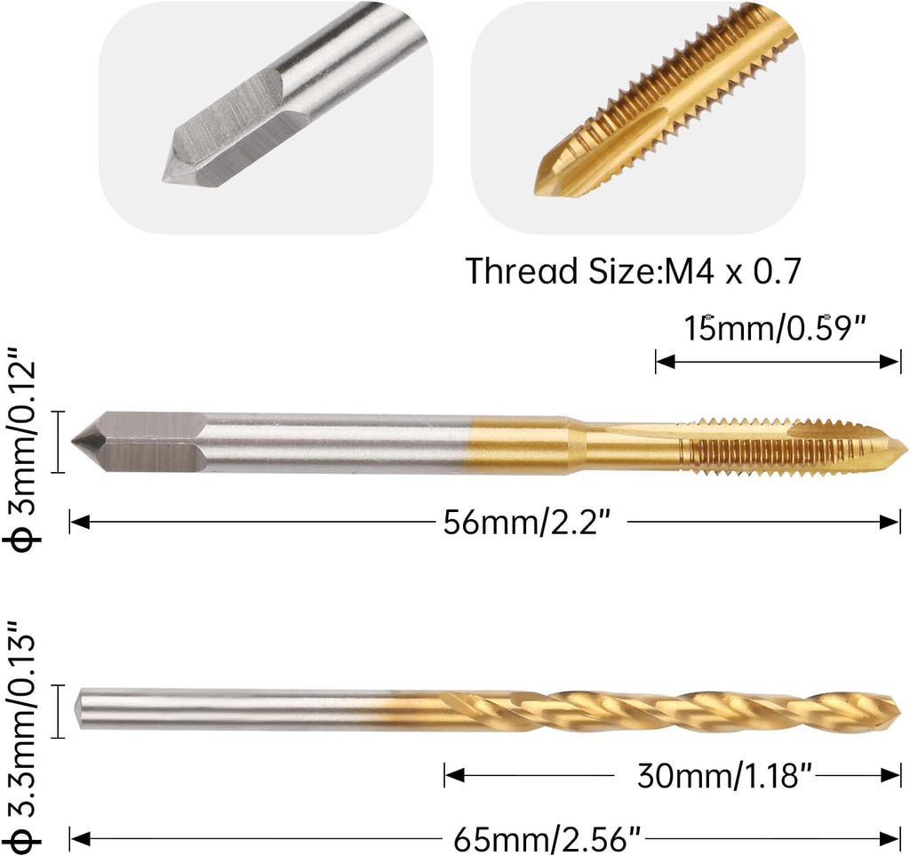 M4 x 0.7 Spiral Point Thread Tap with 3.3mm Twist Drill Bit Set,Metric Titanium Plated HSS 6542,High Precision Machine Threading Tool