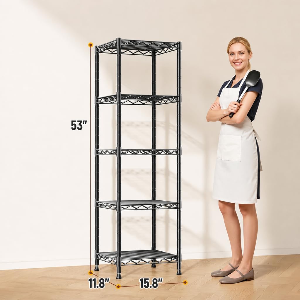 5-Tier Narrow Storage Shelves for Small Spaces – 15.8" W Metal Shelving Unit, Adjustable Wire Shelf, Freestanding