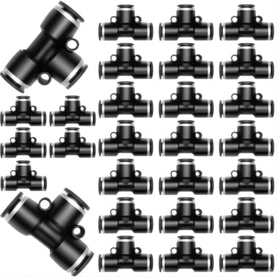 28 Pieces 1/4 Push to Connect Fittings, Plastic Pneumatic Tee Union Fittings T Shaped Quick Connect Air Hose Fittings Air Line Pneumatic Fittings Kit (Black, 1/4 Inch Od)