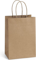 Gift Bags with Handles 5.25x3x8 Inch Small Brown 100 Pack Bulk