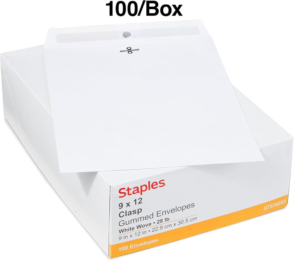 9x12 Wove Clasp Envelopes, White, Metal Clasp, 100/Box