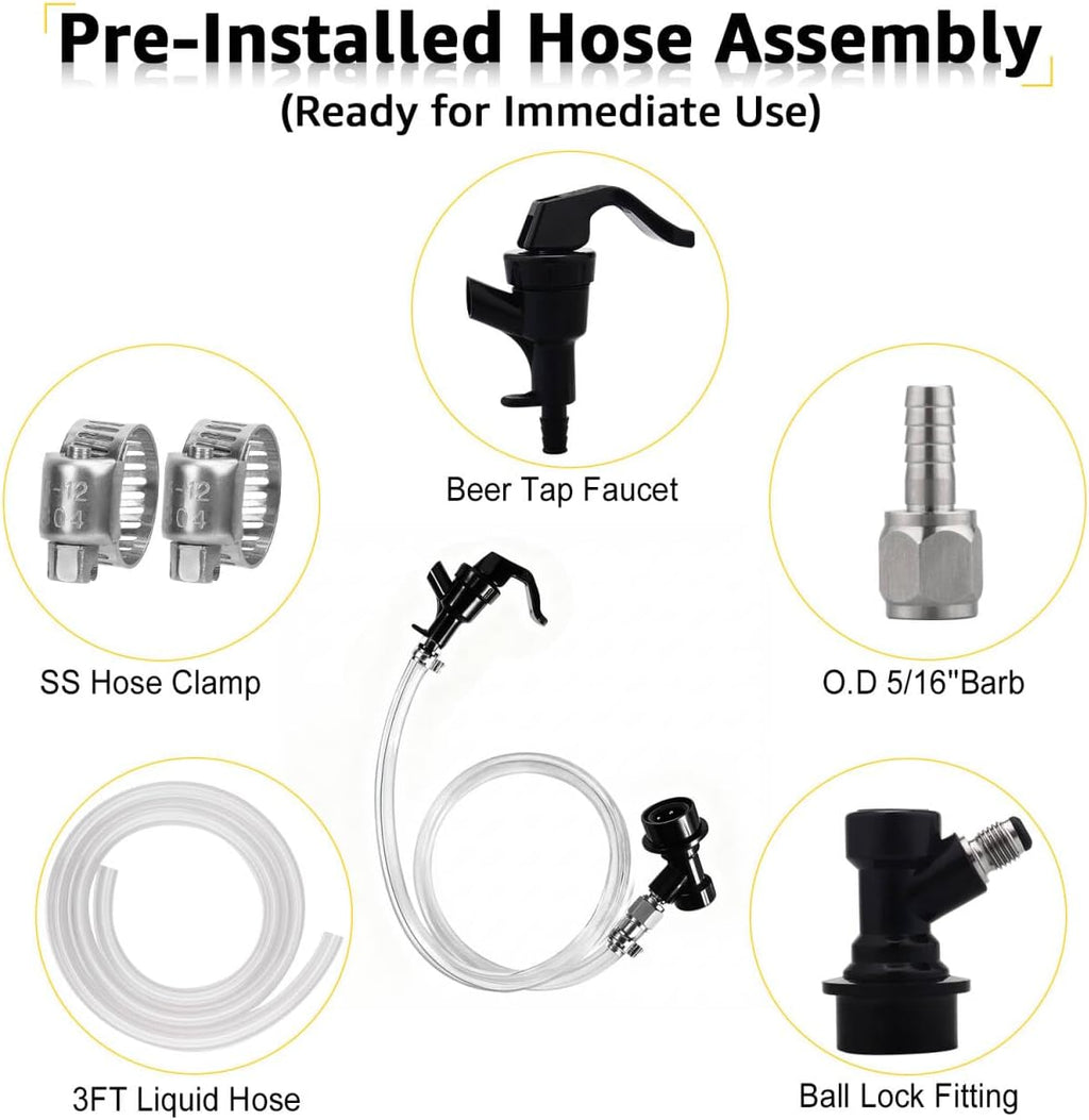 3 FT Ball Lock Beer Line Assembly for Corny Keg, Beer Dispensing Kit | 3/16", PVC Beer Line, Picnic Tap Faucet &