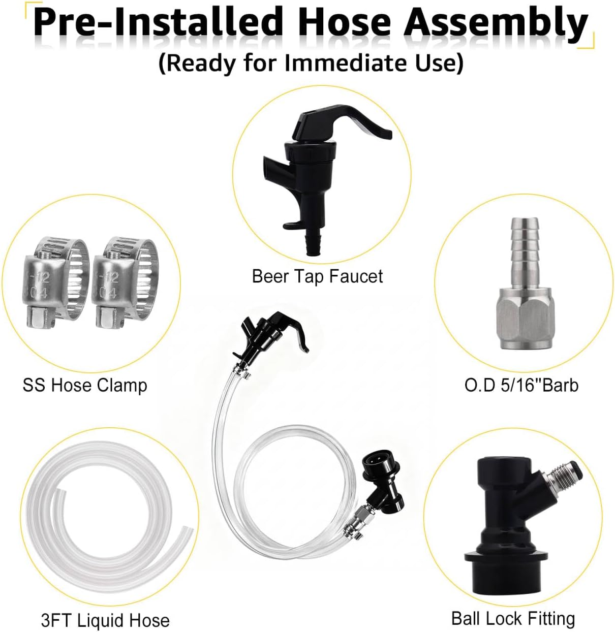 3 FT Ball Lock Beer Line Assembly for Corny Keg, Beer Dispensing Kit | 3/16", PVC Beer Line, Picnic Tap Faucet &