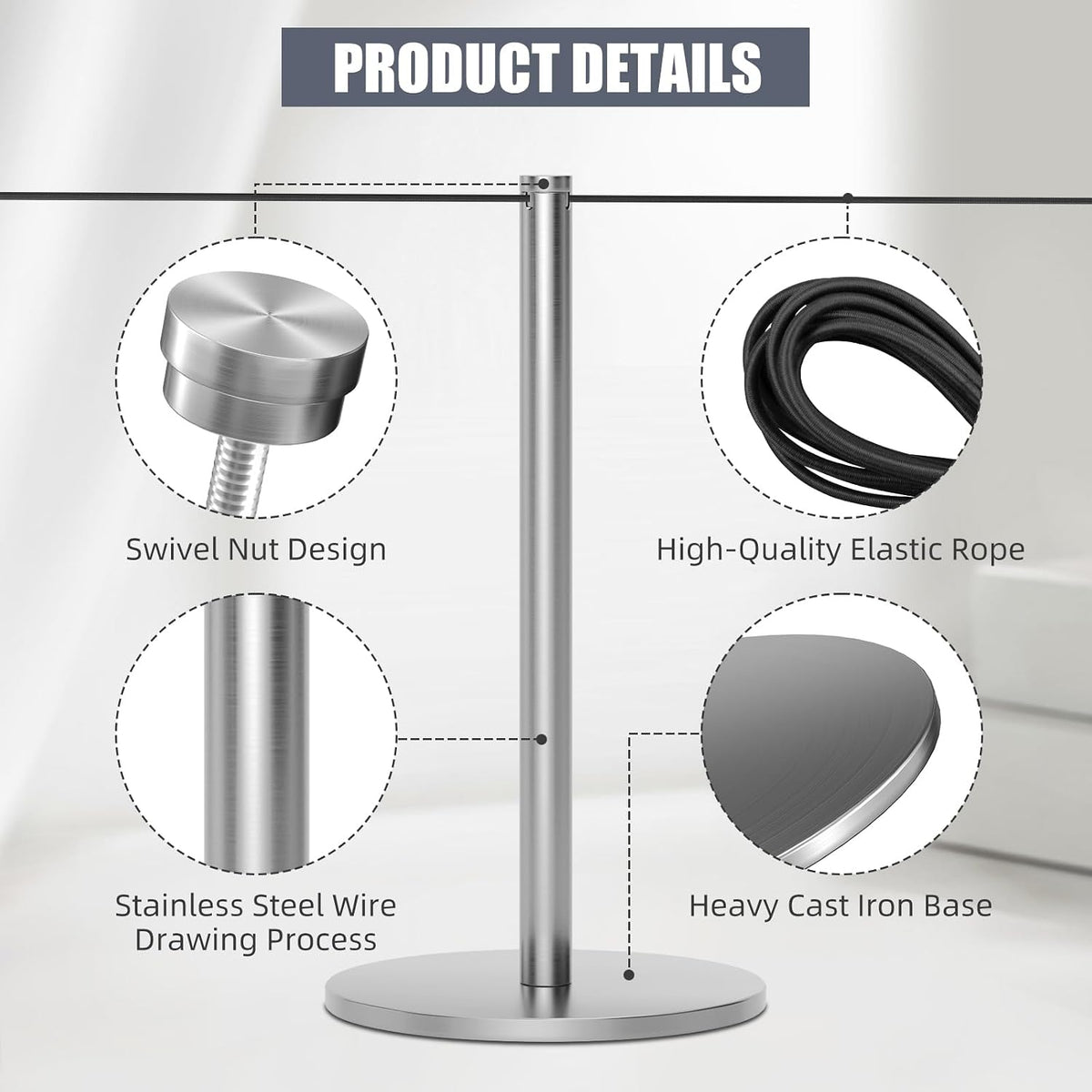 4Pcs Museum Short Stanchions 50 Feet Crowd Control Barrier (Silver)