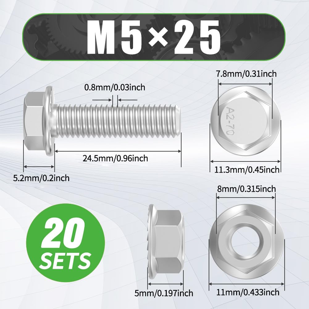 M5x25mm Flange Hex Bolts and Nuts Kit, 304 SS Metric Screws 20 Pack
